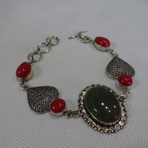 Unique "BLOODSTONE AGATE & RED CORAL" Handmade Sterling Bracelet 8.5" #478A